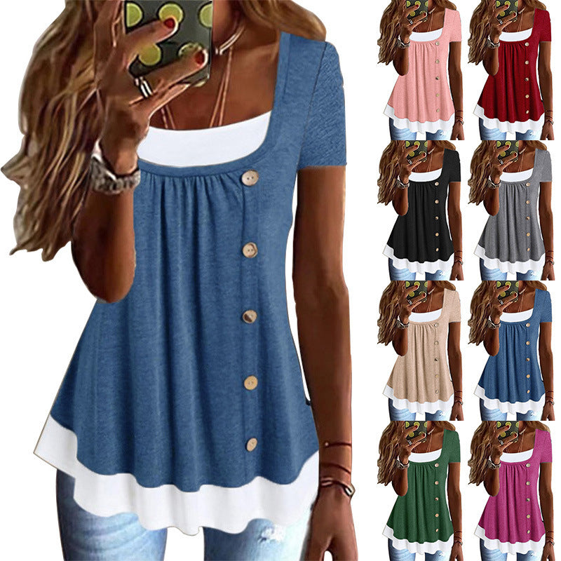Round Neck Loose Pleated False Two-piece Suit T-shirt Top