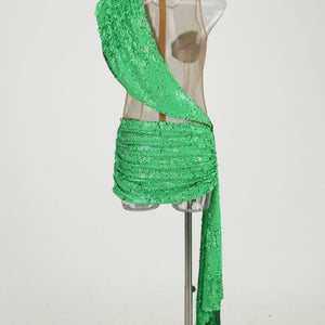 Sexy See-through Sequins Elegant Shoulder Stitching Dress