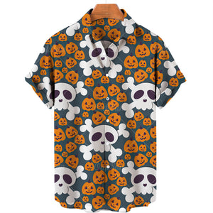 Men's Halloween Short Sleeve Printing Lapel Cardigan Top Summer Cartoon Unique Shirt