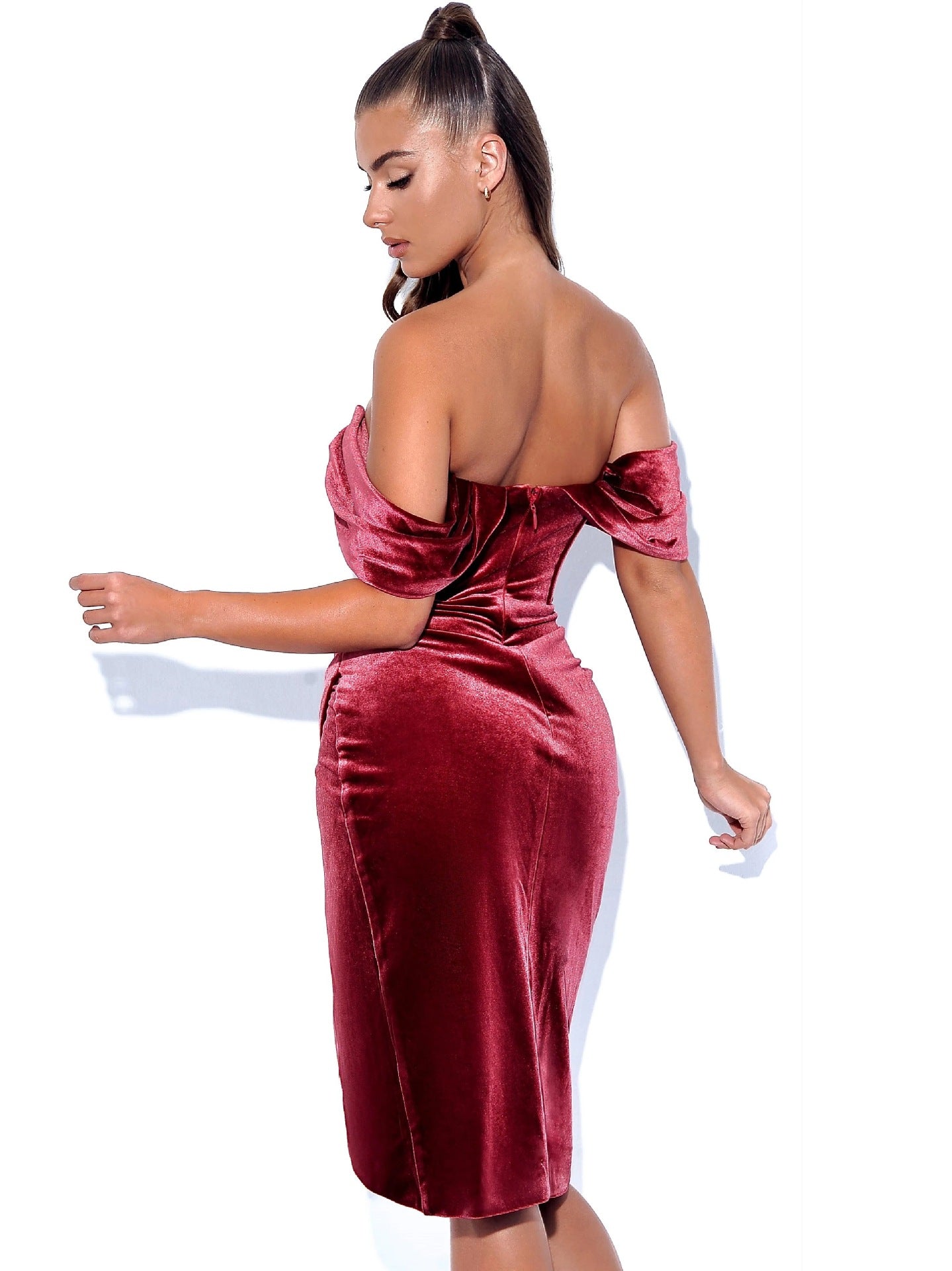 Velvet Herringbone Pleated High Slit Midi Skirt