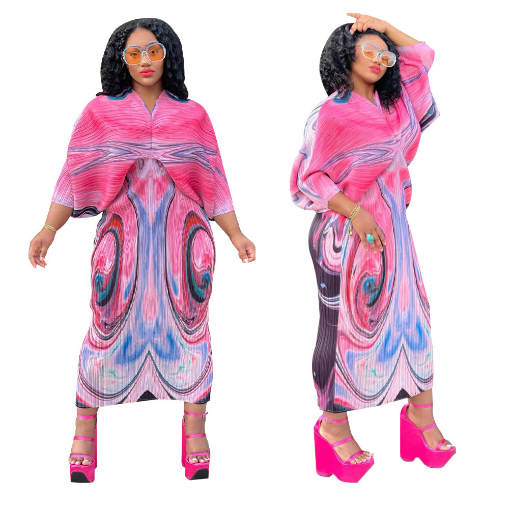 V-neck Batwing Sleeve Printing Dress