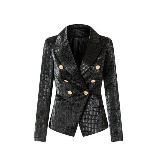 Suit Crocodile Leather Coat Slim-fit Top Metal Buckle Waist-tight Jacket