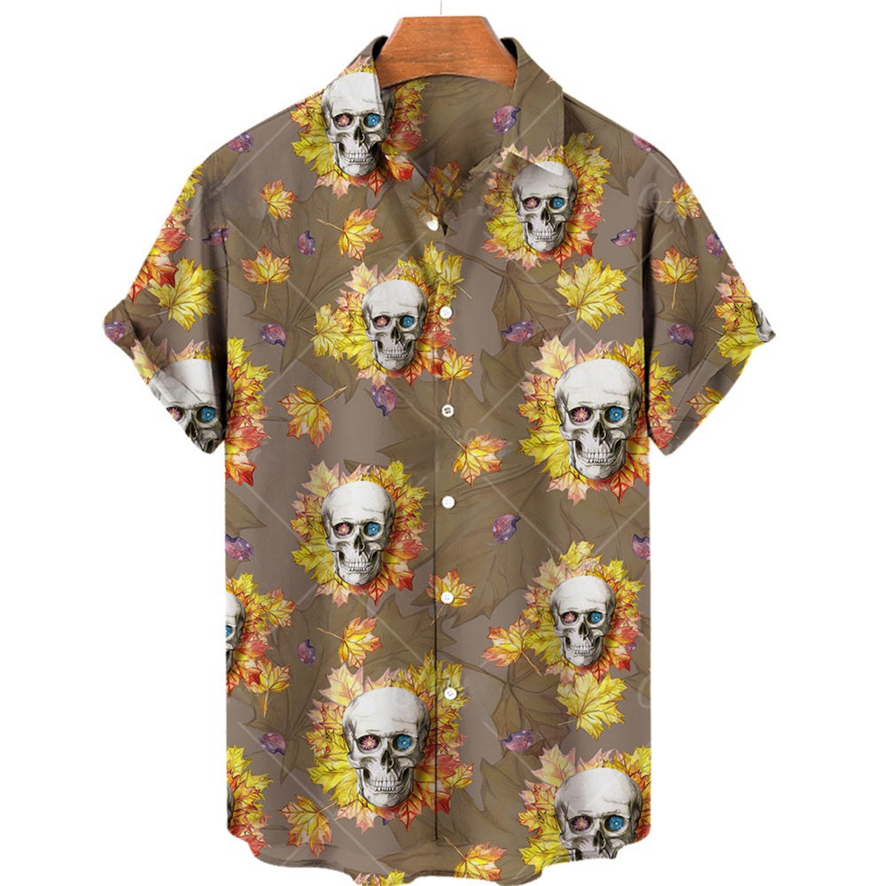 Men's Halloween Short Sleeve Printing Lapel Cardigan Top Summer Cartoon Unique Shirt