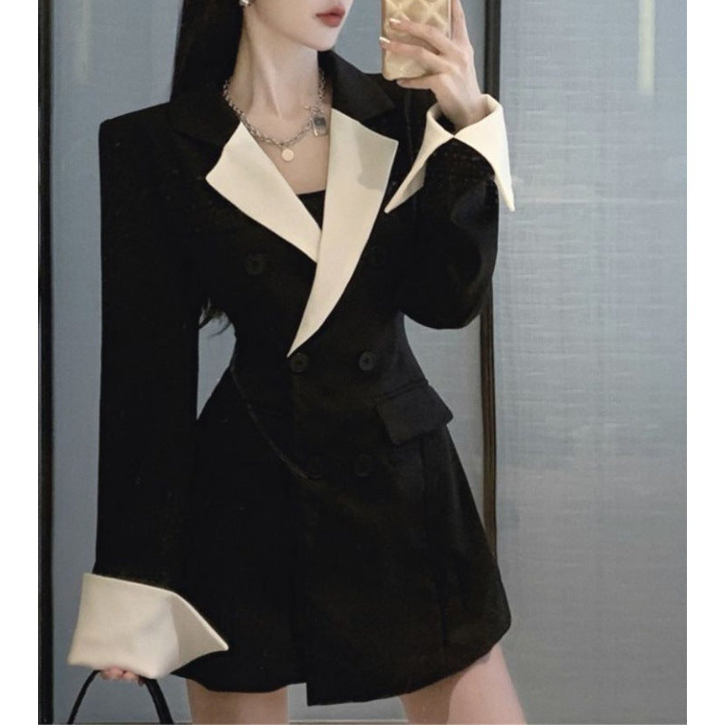 High Sense Design Contrast Color Suit Long Sleeve Slim Fit Dress