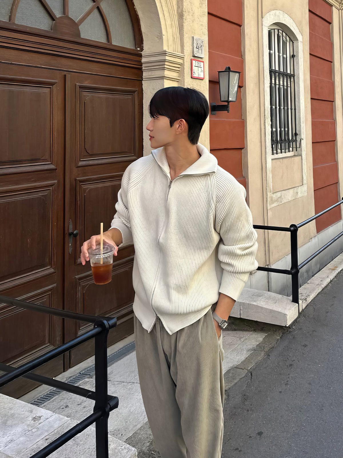 Flip Collar Double Zipper Knitted Cardigan For Men In Autumn And Winter