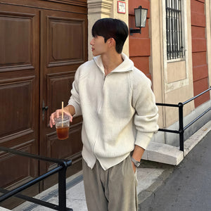 Flip Collar Double Zipper Knitted Cardigan For Men In Autumn And Winter