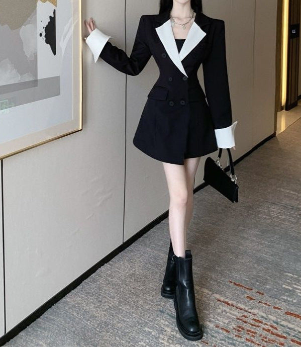 High Sense Design Contrast Color Suit Long Sleeve Slim Fit Dress