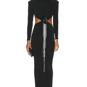 Sexy Backless Black Long Sleeve Hollow Flower Tassel Decoration Dress