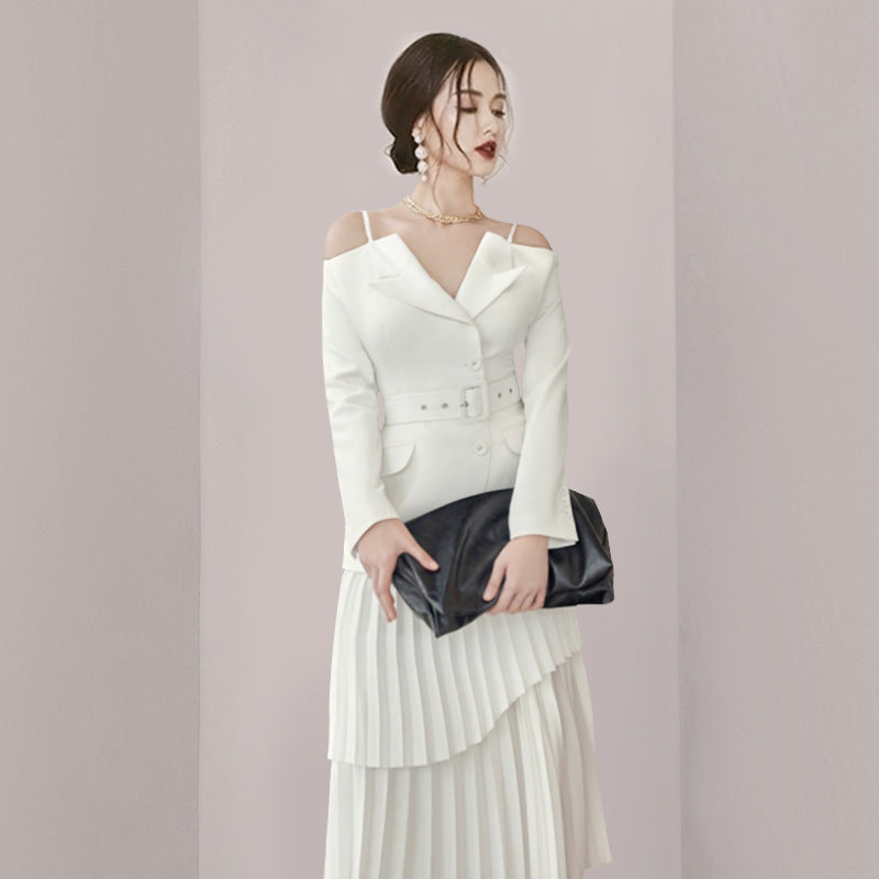 Solid Color Niche Slimming Waist Pleated Mid-length Dress Set