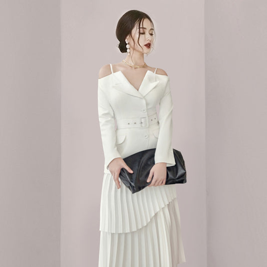 Solid Color Niche Slimming Waist Pleated Mid-length Dress Set