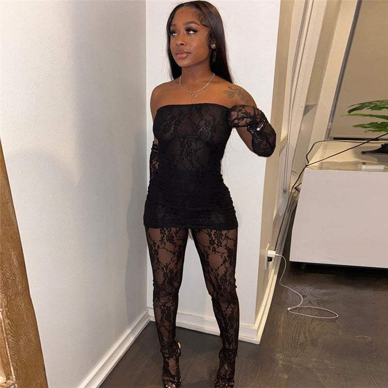 Lace Tube Top High Waist Tight Body Stocking Long Pants Suit