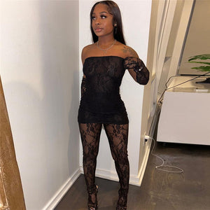 Lace Tube Top High Waist Tight Body Stocking Long Pants Suit