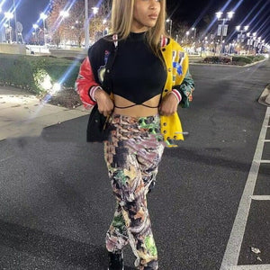 Loose Casual Workwear Pants With Leaf Print Pockets