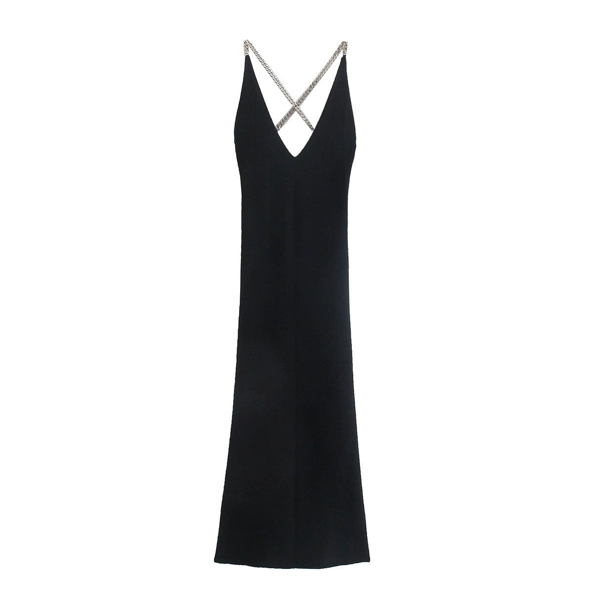 Black Chain-embellished Cross-strap Knitted Dress