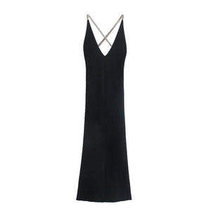 Black Chain-embellished Cross-strap Knitted Dress