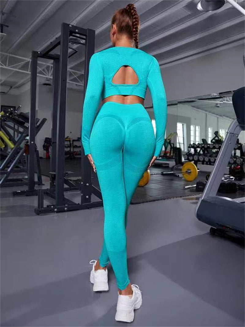 2pcs Sports Suits Long Sleeve Hollow Design Tops And Butt Lifting High Waist