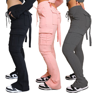 Cargo Pants With Pockets High Waist Drawstring Wide Leg Straight Trousers